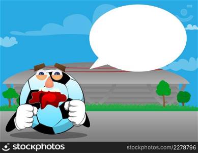 Soccer ball holding his fists in front of him ready to fight. Traditional football ball as a cartoon character with face.