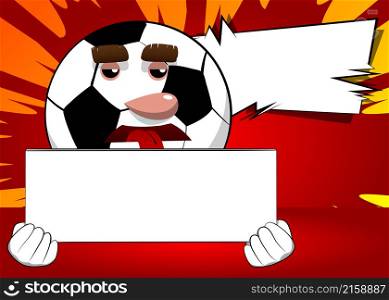 Soccer ball holding white box. Traditional football ball as a cartoon character with face.