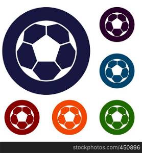 Soccer ball icons set in flat circle reb, blue and green color for web. Soccer ball icons set