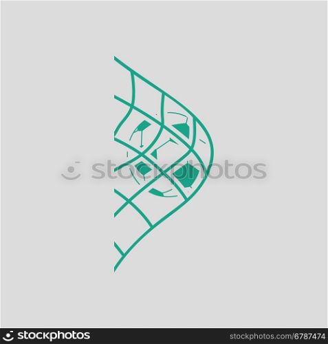 Soccer ball in gate net icon. Gray background with green. Vector illustration.