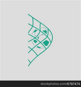 Soccer ball in gate net icon. Gray background with green. Vector illustration.