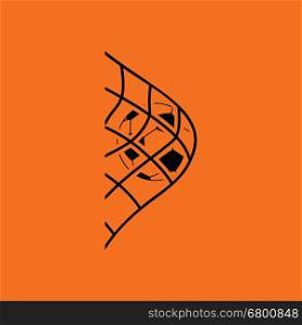 Soccer ball in gate net icon. Orange background with black. Vector illustration.