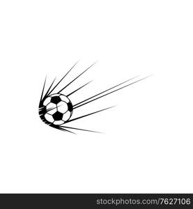 Soccer ball in move, football sport mascot isolated icon. Vector flying soccer ball championship competition of world, college school tournament symbol. Monochrome ball leaves trail sporting equipment. Football trail isolate soccer ball with trace icon
