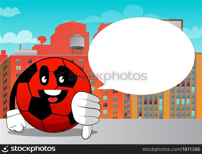 Soccer ball showing dislike hand sign. Traditional football ball as a cartoon character with face.