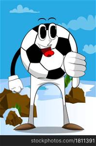 Soccer ball showing dislike hand sign. Traditional football ball as a cartoon character with face.