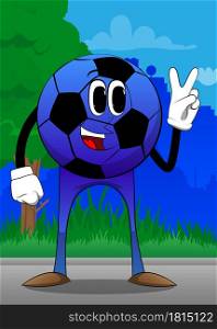 Soccer ball showing the V sign, peace hand gesture. Traditional football ball as a cartoon character with face.