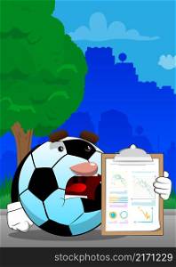 Soccer ball shows finance report. Traditional football ball as a cartoon character with face.
