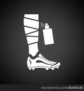 Soccer bandaged leg with aerosol anesthetic icon. Black background with white. Vector illustration.