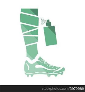 Soccer bandaged leg with aerosol anesthetic icon. Flat color design. Vector illustration.