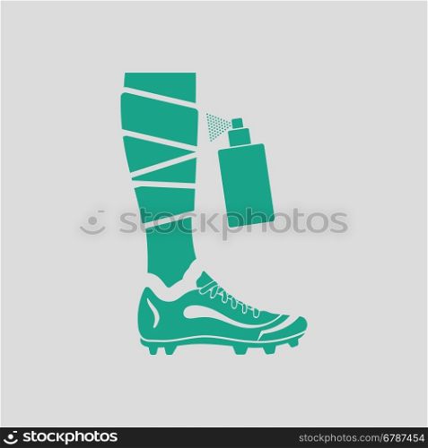 Soccer bandaged leg with aerosol anesthetic icon. Gray background with green. Vector illustration.