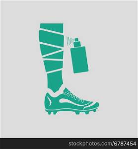 Soccer bandaged leg with aerosol anesthetic icon. Gray background with green. Vector illustration.
