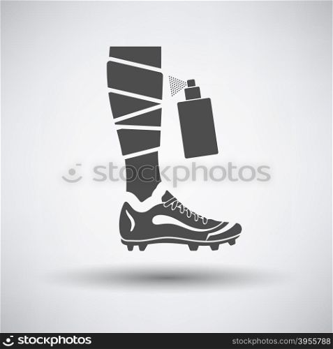Soccer bandaged leg with aerosol anesthetic icon on gray background with round shadow. Vector illustration.. Soccer bandaged leg with aerosol anesthetic icon