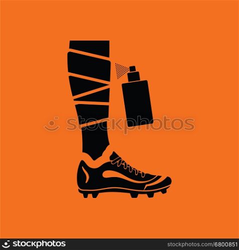 Soccer bandaged leg with aerosol anesthetic icon. Orange background with black. Vector illustration.