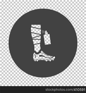 Soccer bandaged leg with aerosol anesthetic icon. Subtract stencil design on tranparency grid. Vector illustration.