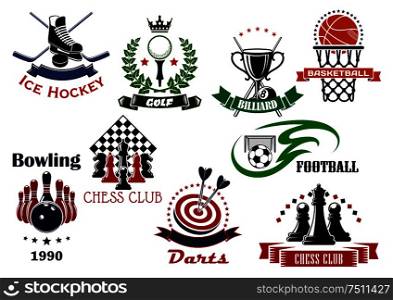 Soccer, basketball, ice hockey, golf, darts, bowling, chess and billiards sport game items, trophies and heraldic symbols. Vector illustration. Sport game heraldic icons and symbols