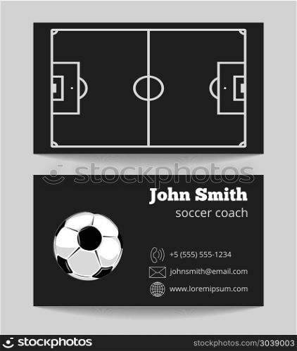Soccer black business card template. Soccer black business card. Template of card with ball. Vector illustration