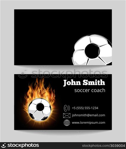 Soccer black business card template. Soccer black business card template. Soccer ball in fire. Vector illustration