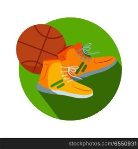 Soccer boots and ball web button. Basketball boots and basketball ball. Sneakers athletic shoes, tennis shoes, runners, takkies, or trainers. Dribbling, passing, shooting ball into basket. Vector. Soccer Boots and Ball Web Button Basketball Vector
