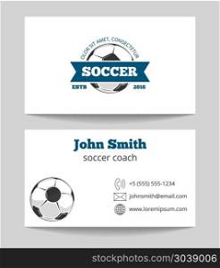 Soccer business card. Soccer business card both sides template. Sport business card with ball, vector illustration