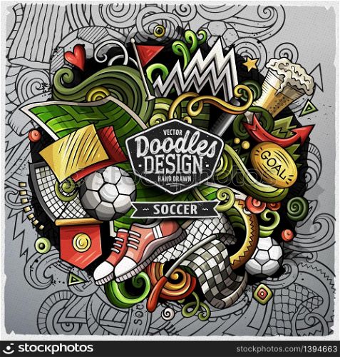 Soccer cartoon vector doodle illustration. Grunge colorful design with lot of objects and symbols. All elements are separate. Soccer cartoon vector doodle illustration