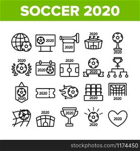 Soccer Champion 2020 Collection Icons Set Vector Thin Line. Football World Champion 2020 Goblet, Game Equipment Ball And Gate Concept Linear Pictograms. Monochrome Contour Illustrations. Soccer Champion 2020 Collection Icons Set Vector
