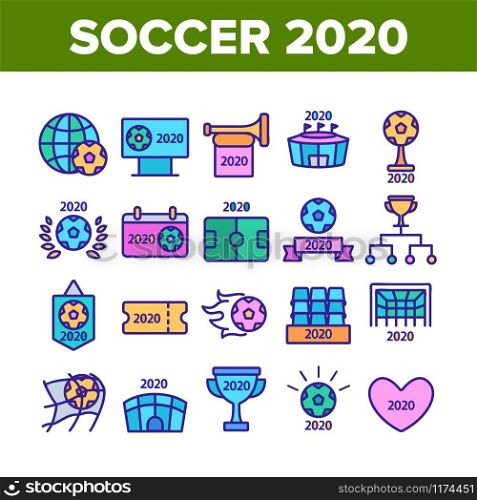 Soccer Champion 2020 Collection Icons Set Vector Thin Line. Football World Champion 2020 Goblet, Game Equipment Ball And Gate Concept Linear Pictograms. Color Contour Illustrations. Soccer Champion 2020 Collection Icons Set Vector