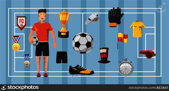 Soccer champion horizontal concept. Cartoon illustration of soccer champion banner horizontal vector for web. Soccer champion banner horizontal, cartoon style