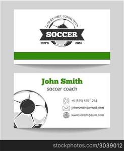 Soccer club business card template. Soccer club business card template in green and white colors. Sport ball for game. Vector illustration