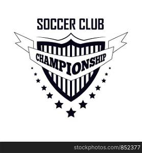Soccer club championship promotion monochrome emblem isolated cartoon flat vector illustration in blue colors on white background.. Soccer club championship promotion monochrome emblem