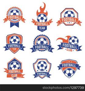 Soccer club emblem. Football badge shield logo, soccer ball team game club elements, soccer competition and championship vector isolated icon set. Shield football championship or team illustration. Soccer club emblem. Football badge shield logo, soccer ball team game club elements, soccer competition and championship vector isolated icon set