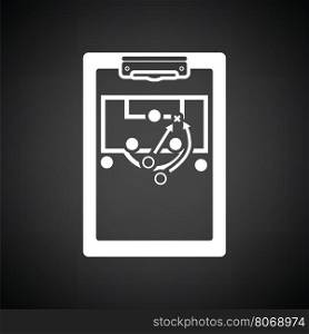 Soccer coach tablet with scheme of game icon. Black background with white. Vector illustration.