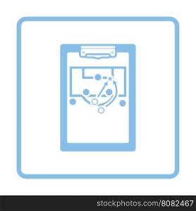 Soccer coach tablet with scheme of game icon. Blue frame design. Vector illustration.