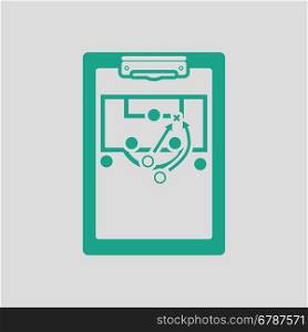 Soccer coach tablet with scheme of game icon. Gray background with green. Vector illustration.