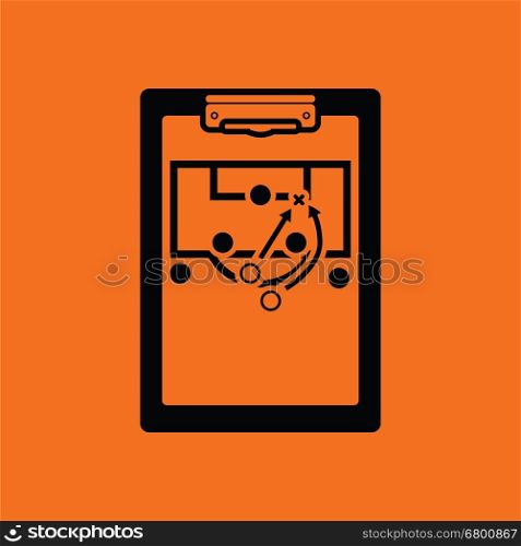 Soccer coach tablet with scheme of game icon. Orange background with black. Vector illustration.