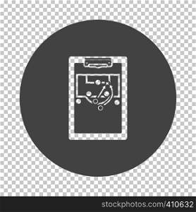 Soccer coach tablet with scheme of game icon. Subtract stencil design on tranparency grid. Vector illustration.