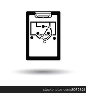 Soccer coach tablet with scheme of game icon. White background with shadow design. Vector illustration.