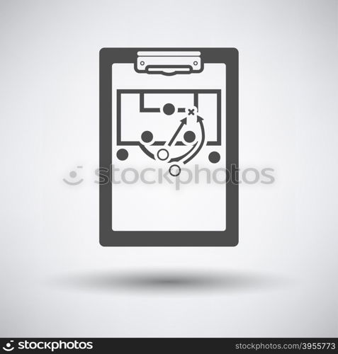 Soccer coach tablet with sheme of game icon on gray background with round shadow. Vector illustration.. Soccer coach tablet with scheme of game icon