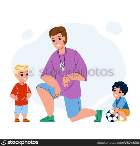 Soccer Coach Training Children On Stadium Vector. Man Soccer Coach Explain Rules Of Sport Game And Study Kids On Football Playground. Characters Sportive Activity Flat Cartoon Illustration. Soccer Coach Training Children On Stadium Vector