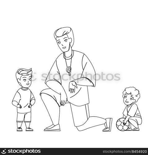 Soccer Coach Training Children On Stadium Vector. Man Soccer Coach Explain Rules Of Sport Game And Study Kids On Football Playground. Characters Sportive Activity black line illustration. Soccer Coach Training Children On Stadium Vector