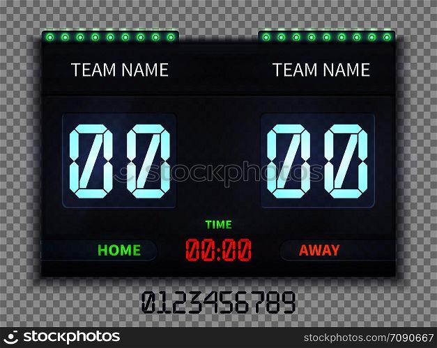 Soccer european football scoreboard with match time and score vector illustration isolated. Team soccer score, football game result match. Soccer european football scoreboard with match time and score vector illustration isolated