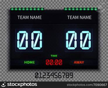 Soccer european football scoreboard with match time and score vector illustration isolated. Team soccer score, football game result match. Soccer european football scoreboard with match time and score vector illustration isolated