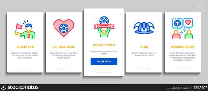 Soccer Fan Attributes Onboarding Mobile App Page Screen Vector. Soccer Fan Hat And Glove In Hand Form, Heart And Air Beeper, T-shirt And Goal Nameplate Color Contour Illustrations. Soccer Fan Attributes Onboarding Elements Icons Set Vector