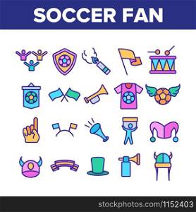 Soccer Fan Equipment Collection Icons Set Vector Thin Line. Soccer Ball With Wings And Shield, Flags And Ribbons, T-shirt And Drum Concept Linear Pictograms. Color Contour Illustrations. Soccer Fan Equipment Collection Icons Set Vector