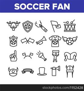 Soccer Fan Equipment Collection Icons Set Vector Thin Line. Soccer Ball With Wings And Shield, Flags And Ribbons, T-shirt And Drum Concept Linear Pictograms. Monochrome Contour Illustrations. Soccer Fan Equipment Collection Icons Set Vector