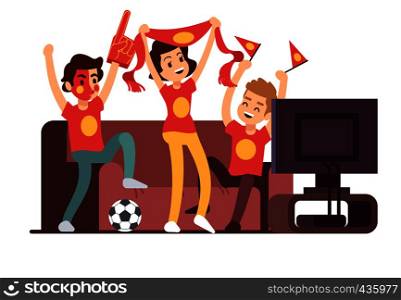 Soccer fans and friends watching tv on couch. Football match supporting people vector illustration. Football fan watch game match on tv. Soccer fans and friends watching tv on couch. Football match supporting people vector illustration