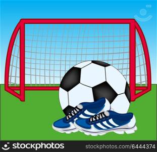 Soccer field with winch and ball with footwear. Gates soccer and ball on field