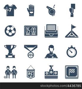 Soccer Flat Black Icon Set. Soccer isolated black silhouette icon set with uniform equipment field and players in flat style vector illustration