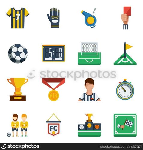 Soccer Flat Icon Set. Soccer flat isolated colored icon set with different equipment and decorative symbols of field signs and players vector illustration