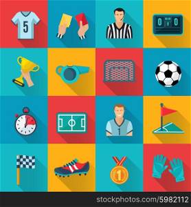 Soccer flat icons set with championship prize corner flag sport gloves isolated vector illustration. Soccer Flat Icons Set