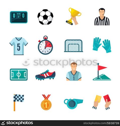 Soccer flat icons set with stopwatch football trophy and whistle isolated vector illustration. Soccer Icons Set